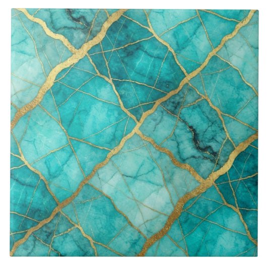 Turquoise Teal Blauw en Goud Marmer Tegeltje (Voorkant)