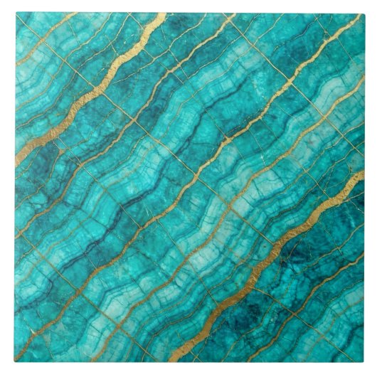 Turquoise Teal Blauw en Goud Marmer Tegeltje (Voorkant)