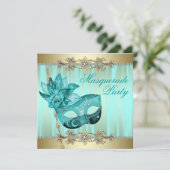Turquoise Teal Blauwe Maskerade Feest Uitnodiginge Kaart (Staand voorkant)