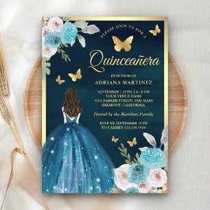 Turquoise Teal Bloem Vlinder Goud Quinceanera Kaart
