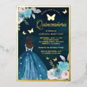 Turquoise Teal Bloem Vlinder Quinceanera Goud Folie Uitnodiging (Voorkant)