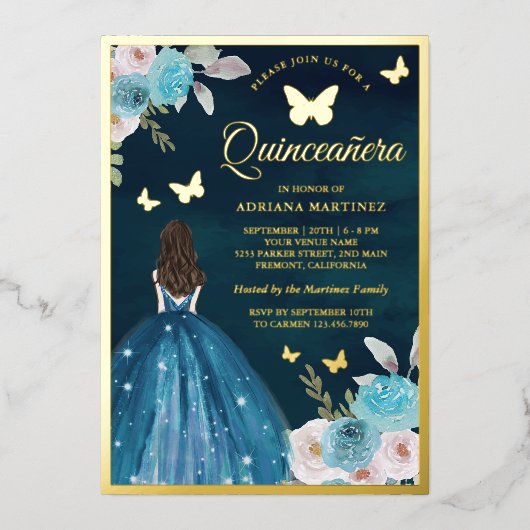 Turquoise Teal Bloem Vlinder Quinceanera Goud Folie Uitnodiging (Voorkant)