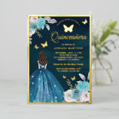 Turquoise Teal Bloem Vlinder Quinceanera Goud Folie Uitnodiging (Staand Voorkant)