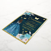 Turquoise Teal Bloem Vlinder Quinceanera Goud Folie Uitnodiging (Gedraaid)