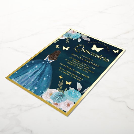 Turquoise Teal Bloem Vlinder Quinceanera Goud Folie Uitnodiging (Gedraaid)