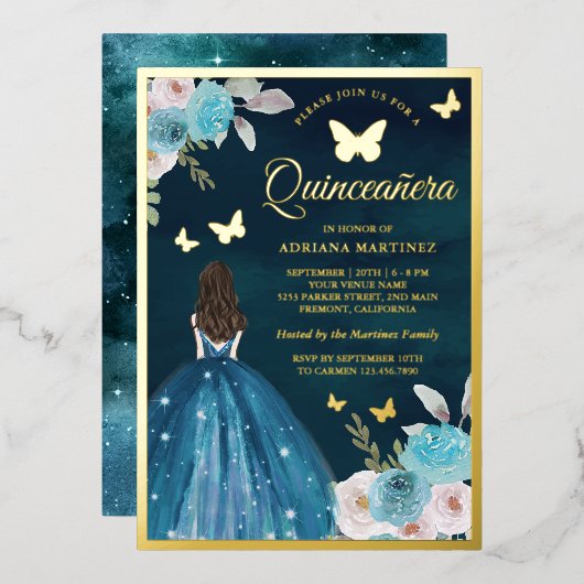 Turquoise Teal Bloem Vlinder Quinceanera Goud Folie Uitnodiging (Voorkant / Achterkant)