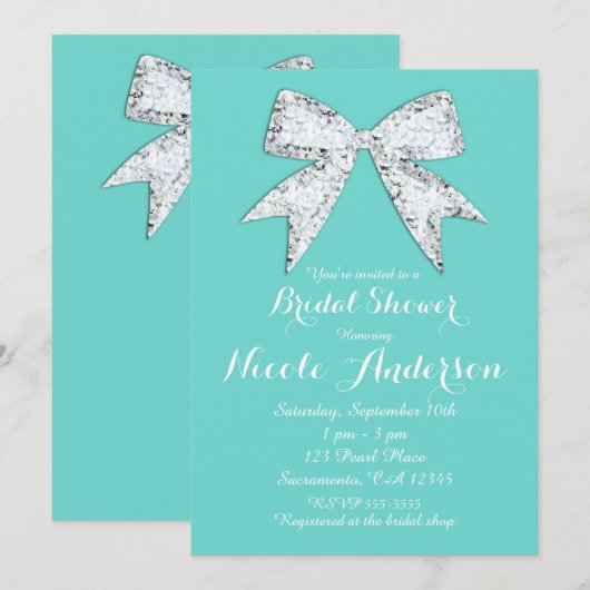 Turquoise Teal Diamant Glitters Boog Bruidsfeest Kaart (Voorkant / Achterkant)