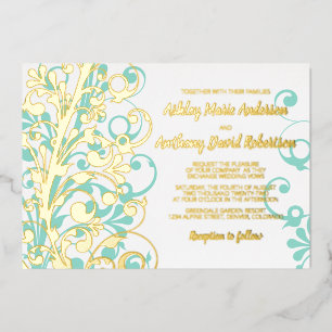 Turquoise Teal Echt Gouden Folie Bloemige Bruiloft Uitnodiging