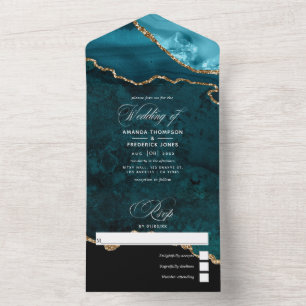 Turquoise - Teal en goud agaat bruiloft alles in e All In One Uitnodiging