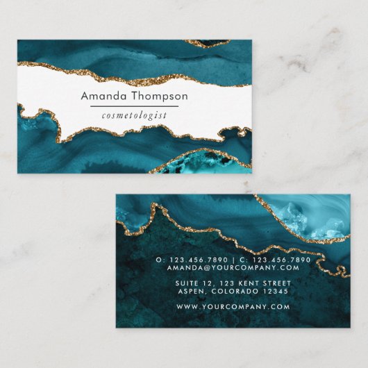 Turquoise - Teal en Goud Geode Agate Steen Visitekaartje (Voorkant / Achterkant)