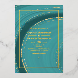 Turquoise - Teal en gouden agaten bruiloftsfolie u Folie Uitnodiging