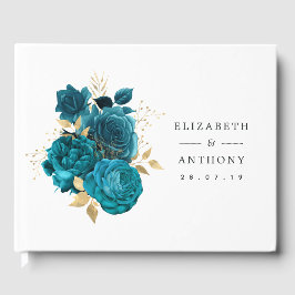 Turquoise - Teal en Gouden Bloemen Bruiloft Gastenboek