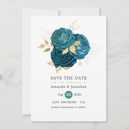 Turquoise - Teal en Gouden Bloemen Bruiloft Save The Date (Voorkant)