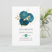 Turquoise - Teal en Gouden Bloemen Bruiloft Save The Date (Staand voorkant)