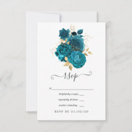 Turquoise - Teal en gouden bloemrijke trouwdag RSVP Kaartje