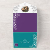Turquoise, Teal en Paars Bruiloft All In One Uitnodiging (Buitenkant)