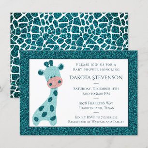 Turquoise Teal Giraffe Moderne Glitter Baby Shower Kaart