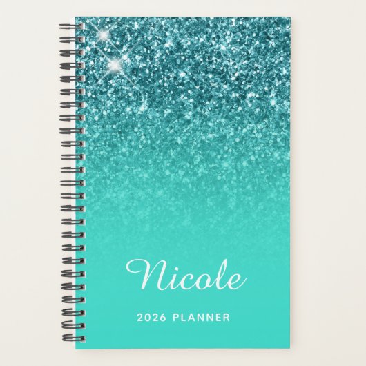 Turquoise Teal Glitter Ombre Persoonlijk Planner (Voorkant)