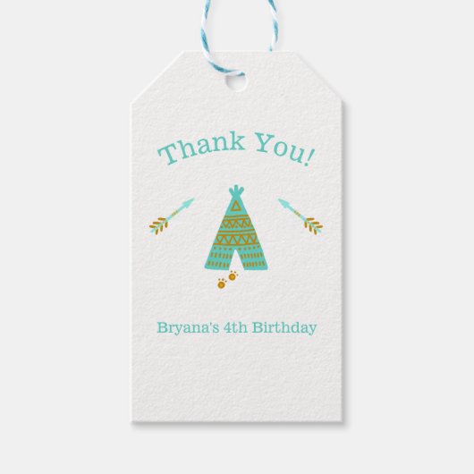 Turquoise Teal & Goud Tepee Modern Verjaardagsfees Cadeaulabel (Voorkant)