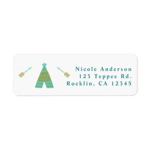 Turquoise Teal Goud Tipi Verjaardagsfeestje Etiket (Voorkant)