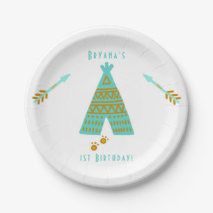 Turquoise Teal & Gouden Tepee Moderne Verjaardagsf Papieren Bordje