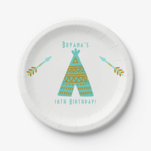 Turquoise Teal Goudkleurige Tepee Sweet 16 Verjaar Papieren Bordje