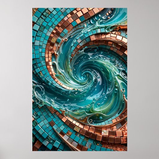 Turquoise Teal Mozaïek Golf Wandkunst Poster (Voorkant)