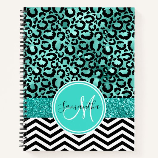 Turquoise Teal Nep Glitter Luipaardprint Monogram Notitieboek (Voorkant)