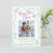 Turquoise Teal New Year Cheer Photo Hand Drawn Fun Feestdagenkaart (Staand voorkant)