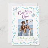 Turquoise Teal New Year Cheer Photo Hand Drawn Fun Feestdagenkaart (Voorkant)