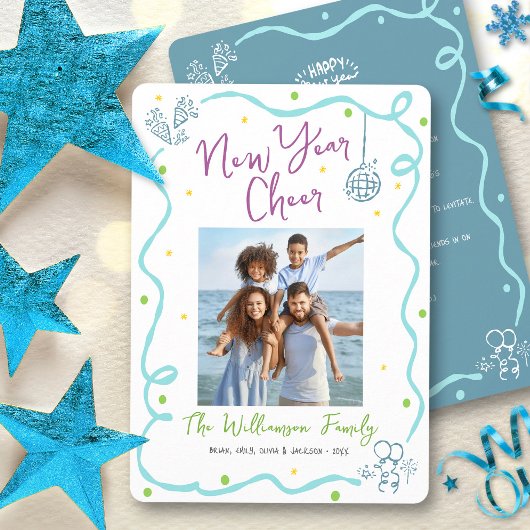 Turquoise Teal New Year Cheer Photo Hand Drawn Fun Feestdagenkaart