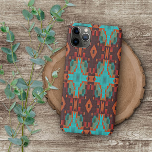 Turquoise Teal Oranje Rood Tribale Mozaïek Patroon iPhone 16 Pro Max Hoesje