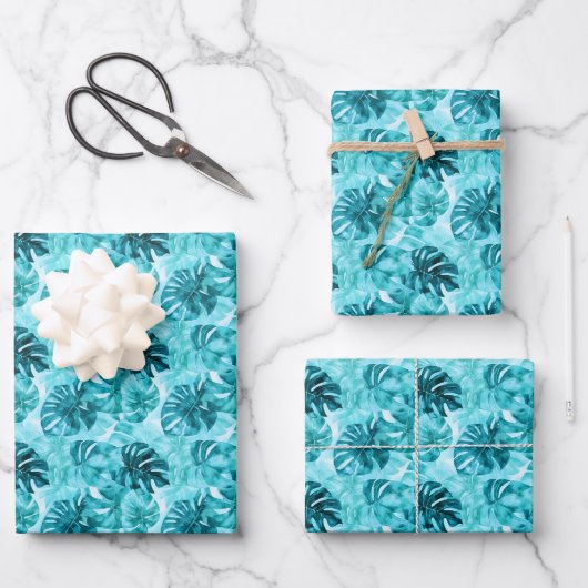 Turquoise & Teal Waterverf Bladeren Inpakpapier Vel (Voorkant)