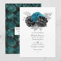 Turquoise - Teal Zwart en Zilveren Bloem Bruiloft