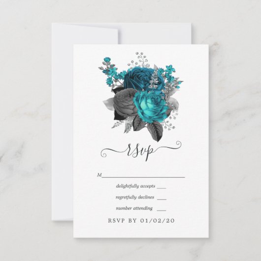 Turquoise - Teal Zwart en Zilveren Bloem Bruiloft RSVP Kaartje (Voorkant)