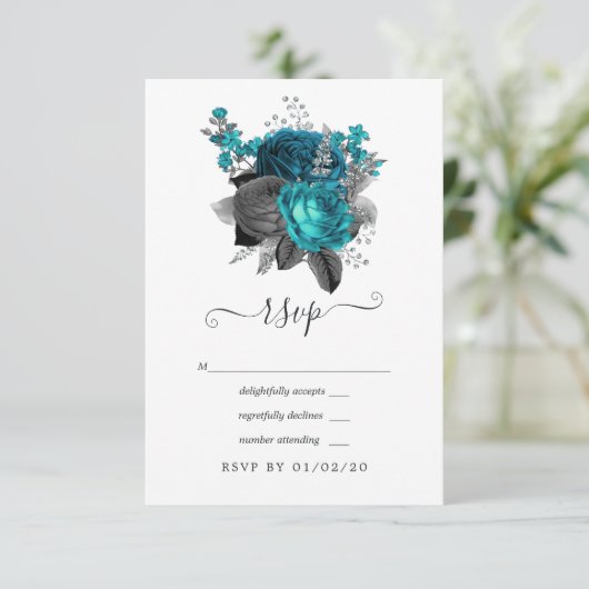 Turquoise - Teal Zwart en Zilveren Bloem Bruiloft RSVP Kaartje (Staand voorkant)