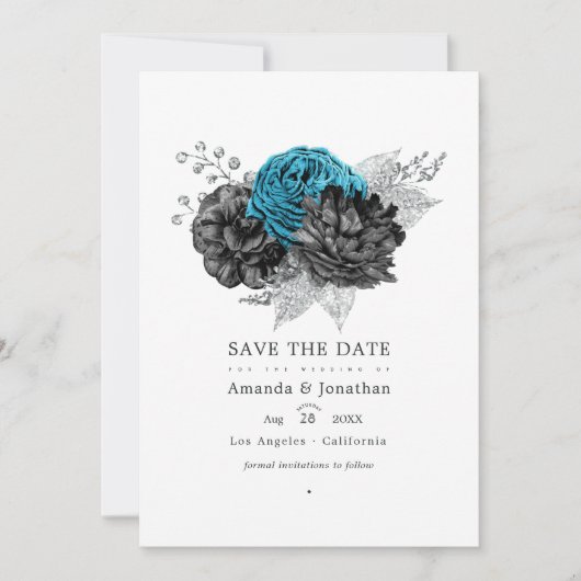 Turquoise - Teal Zwart en Zilveren Bloemachtige Br Save The Date (Voorkant)