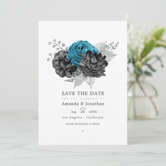 Turquoise - Teal Zwart en Zilveren Bloemachtige Br Save The Date (Staand voorkant)