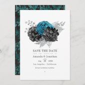 Turquoise - Teal Zwart en Zilveren Bloemachtige Br Save The Date (Voorkant / Achterkant)