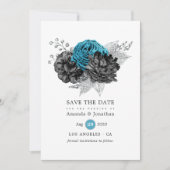 Turquoise - Teal Zwart en Zilveren Bloemachtige Tr Save The Date (Voorkant)