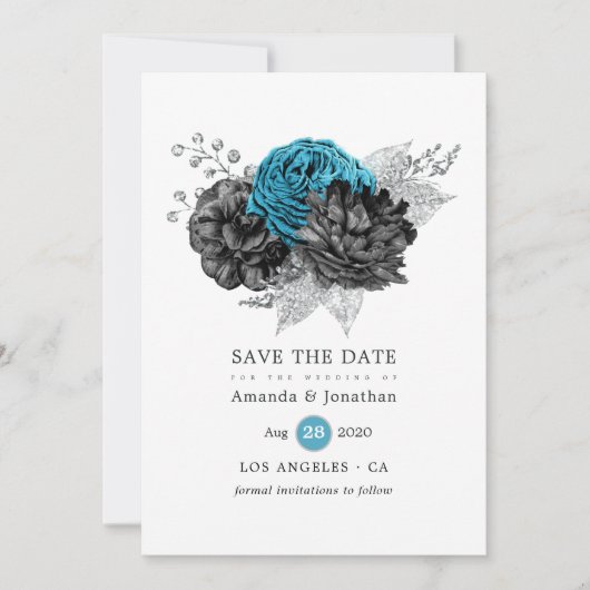 Turquoise - Teal Zwart en Zilveren Bloemachtige Tr Save The Date (Voorkant)