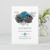 Turquoise - Teal Zwart en Zilveren Bloemachtige Tr Save The Date (Staand voorkant)
