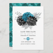 Turquoise - Teal Zwart en Zilveren Bloemachtige Tr Save The Date (Voorkant / Achterkant)