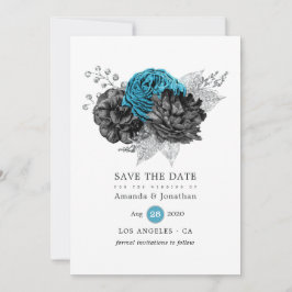 Turquoise - Teal Zwart en Zilveren Bloemachtige Tr Save The Date