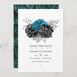 Turquoise - Teal Zwart en Zilveren Bloemachtige Tr Save The Date
