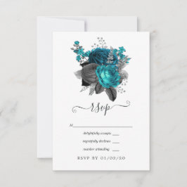 Turquoise - Teal Zwart en Zilveren Bloemen Bruilof RSVP Kaartje