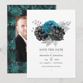 Turquoise - Teal Zwart en Zilveren Bloemen Bruilof Save The Date