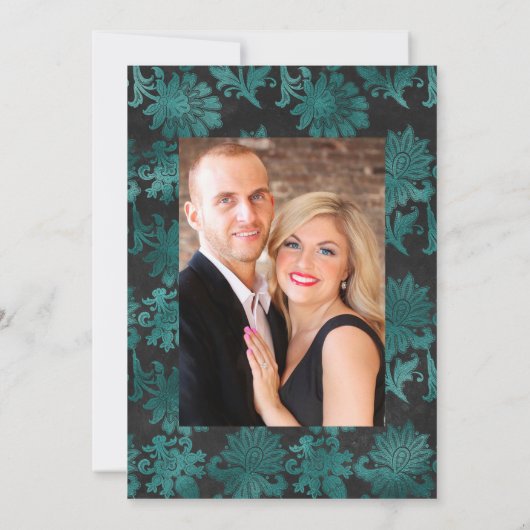 Turquoise - Teal Zwart en Zilveren Bloemige Bruilo Save The Date (Achterkant)