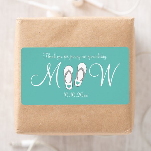 Turquoise teenslippers bruiloft waterflesetiketten etiket (Insitu)