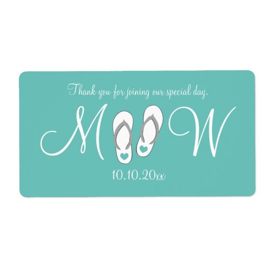 Turquoise teenslippers bruiloft waterflesetiketten etiket (Voorkant)